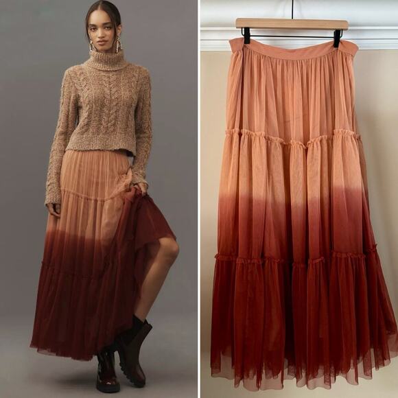 ANTHROPOLPOGIE Let Me Be Ombre Tulle Maxi Skirt | Red Motif | XL | NWOT - Picture 1 of 10